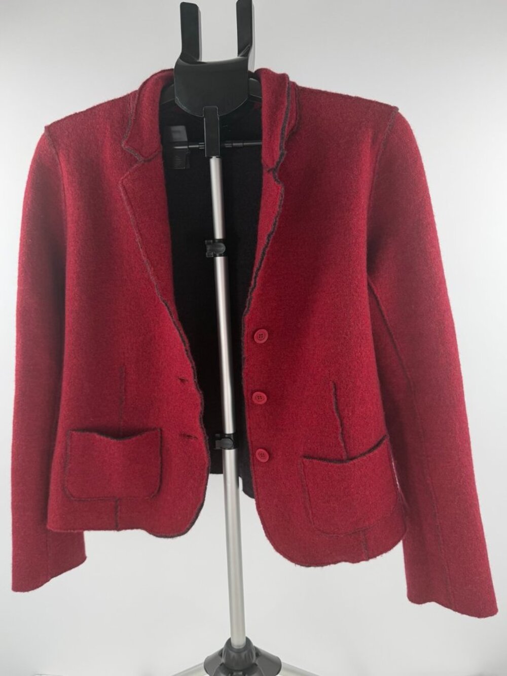 Eileen Fisher Merino Wool Boiled Knit Blazer Jacket Red Black Large